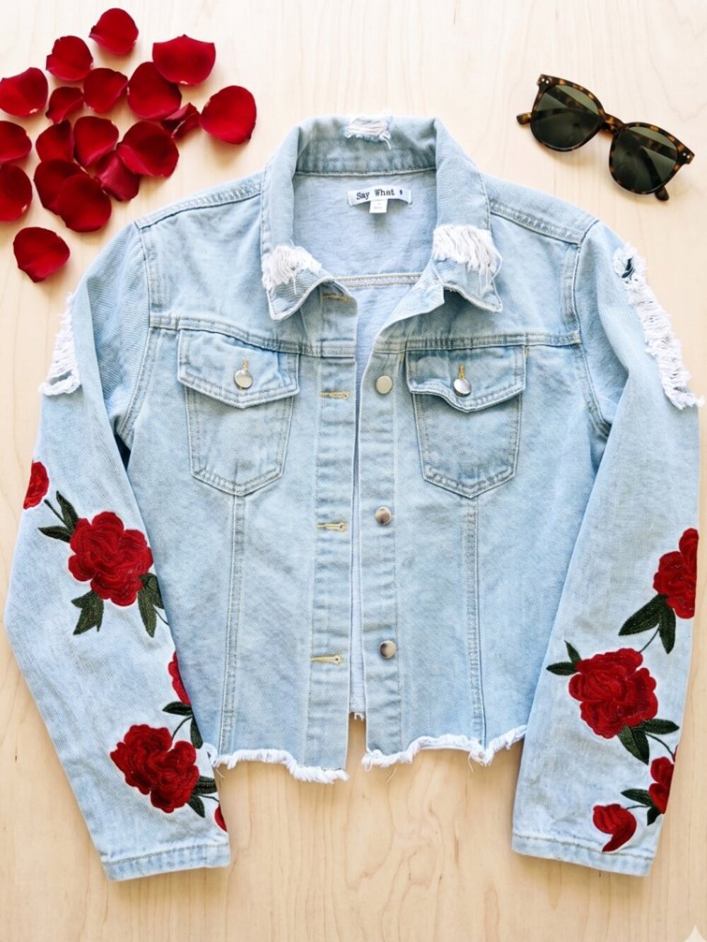 Jean Jacket with Red Rose Embroidery
